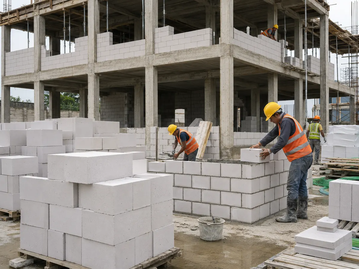 নির্মাণস্থলে LiteStone ব্লক স্থাপন